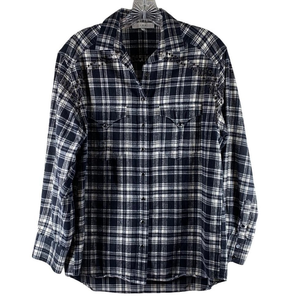 IRO Black and White Plaid Flannel Grommet Detail Snap Front Shirt Size 36